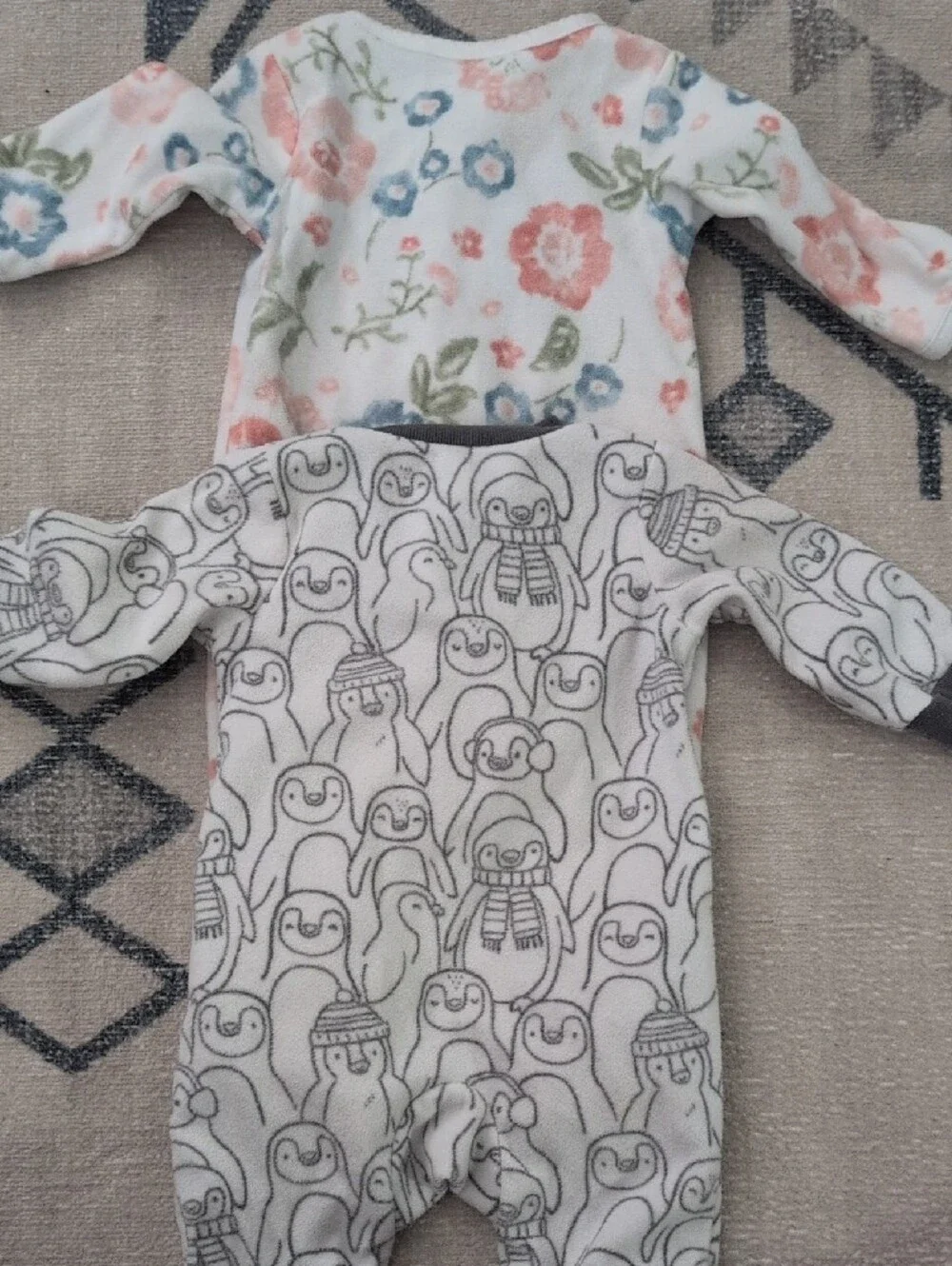 Lot Of 2 Carter's Fleece Zip Footie Set - Penguin & Floral Size 0-3 Month